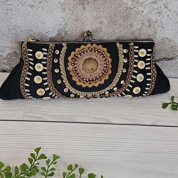 Coldwater Creek Black Beaded Boho Style Clutch Mini Handbag - Picture 3 of 11